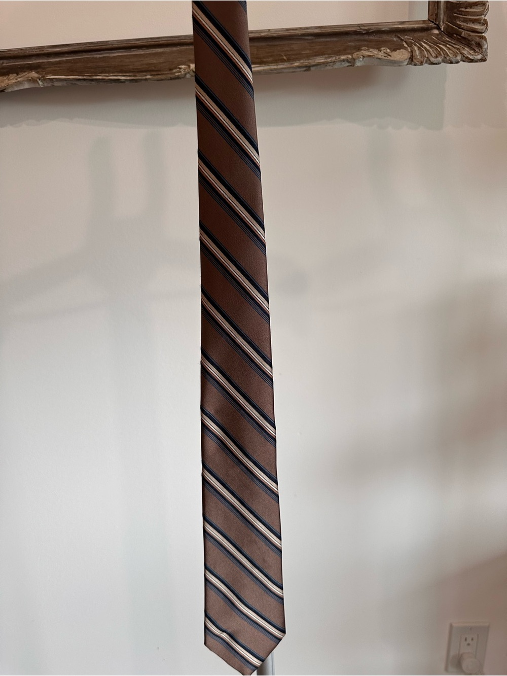 Louis Feraud Brown Tie with Navy and Cream Stripes